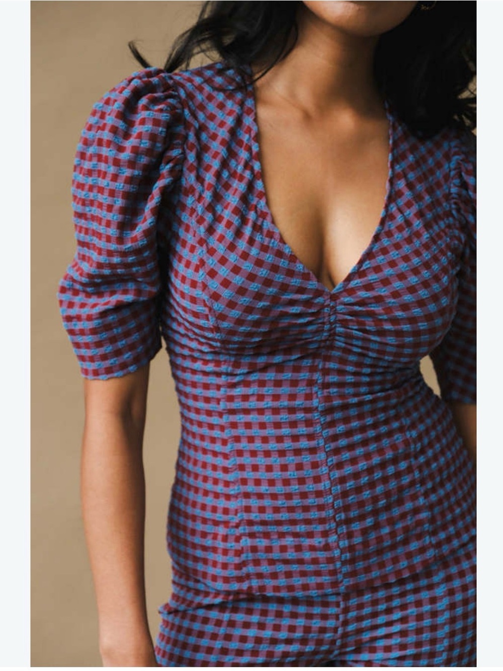 Ganni Seersucker Blue and Burgundy Check V-Neck Puff Sleeve Top retailed $255